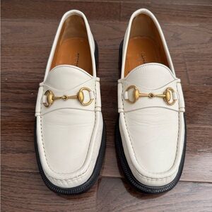 Like New - Gucci White Loafers with Gold Accents